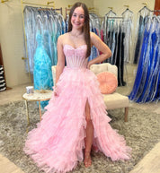 A-Line Sweetheart Floor-Length Tulle Pink Tiered Ruffle Prom Dress with Corset Bodice
