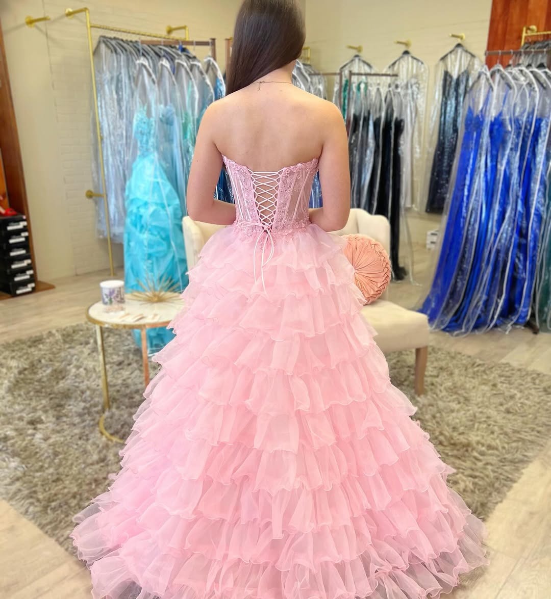 A-Line Sweetheart Floor-Length Tulle Pink Tiered Ruffle Prom Dress with Corset Bodice
