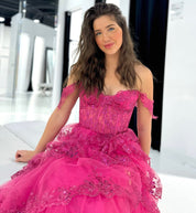 A-Line Off-the-Shoulder Floor-Length Fuchsia Tulle Prom Dress with Floral Sequin Lace and Slit