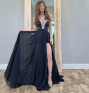 A-Line Deep V Neck Floor-Length Black Chiffon Prom Dress with Beaded Trim and High Slit