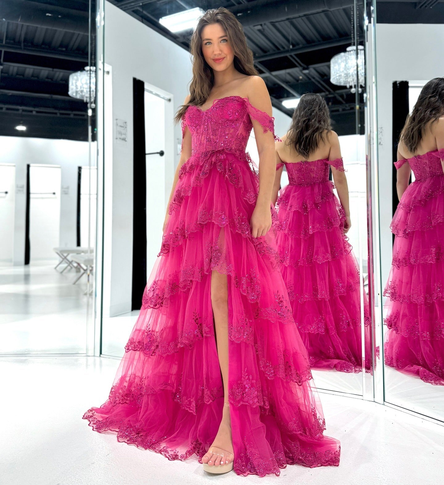 A-Line Off-the-Shoulder Floor-Length Fuchsia Tulle Prom Dress with Floral Sequin Lace and Slit