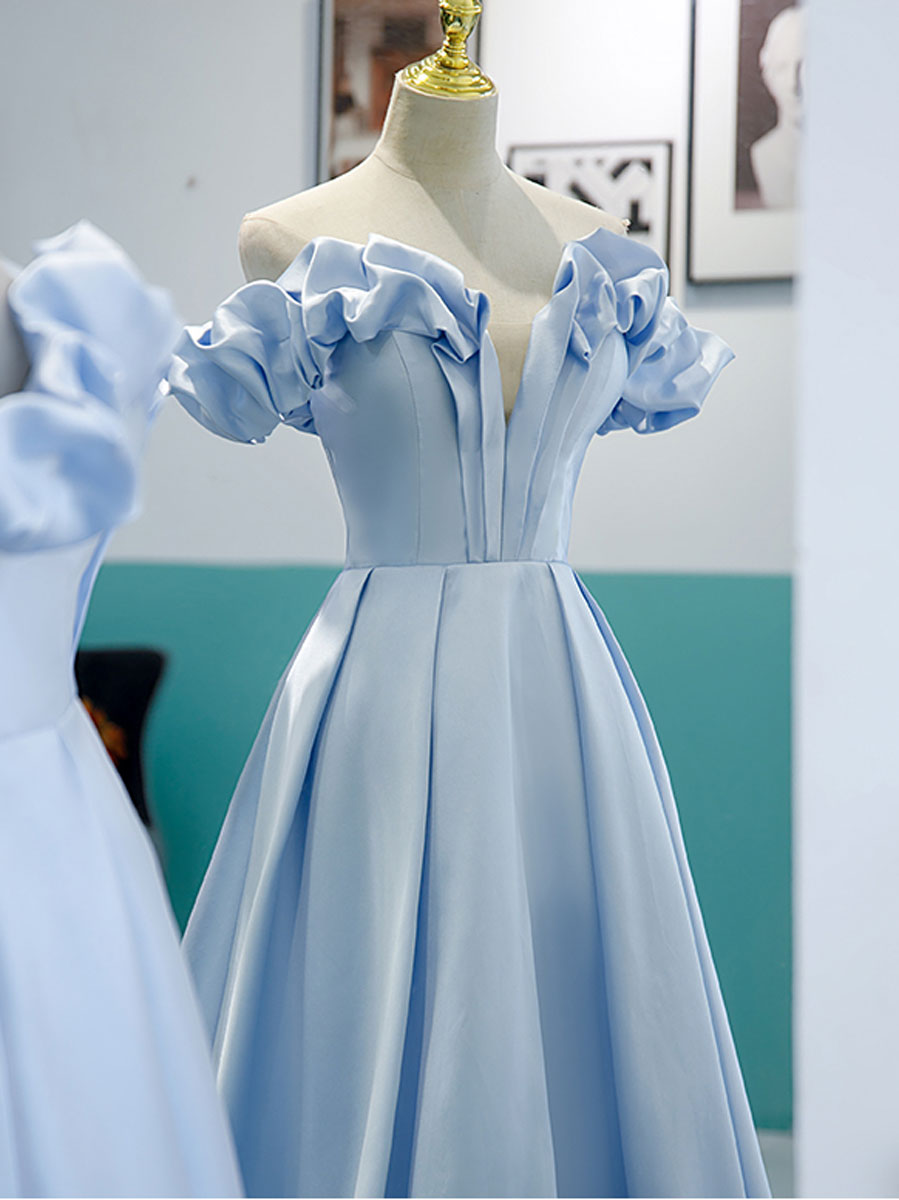 Ball Gown Sweetheart Neckline Floor-Length Light Blue Satin Prom Dress with Ruffled Off-Shoulder Sleeves
