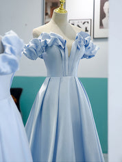 Ball Gown Sweetheart Neckline Floor-Length Light Blue Satin Prom Dress with Ruffled Off-Shoulder Sleeves
