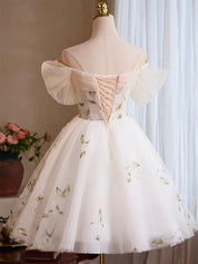 A-Line Off-the-Shoulder Knee-Length Ivory Tulle Lace Homecoming Dress with Floral Embroidery
