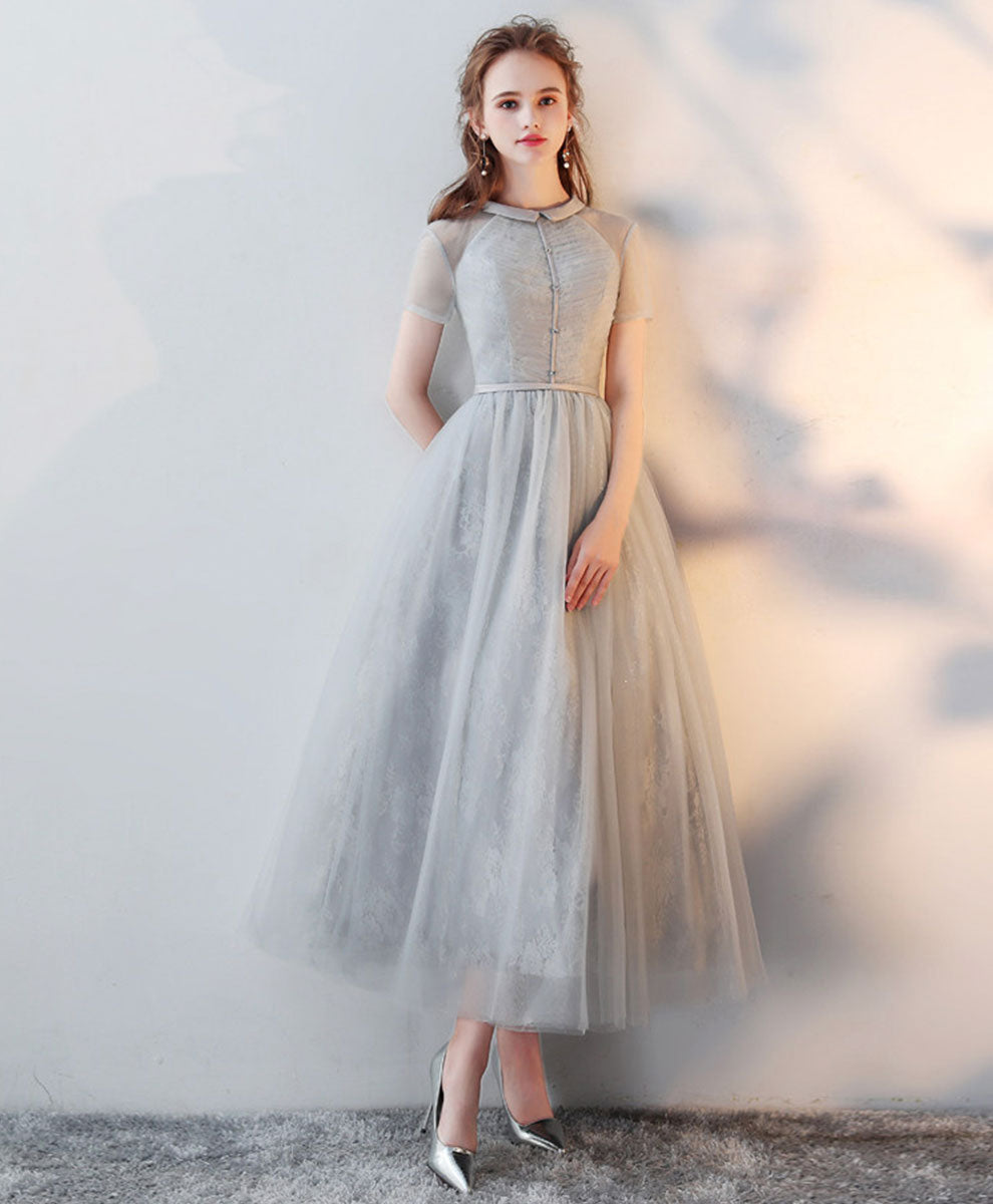A-Line Peter Pan Collar Floor-Length Tulle Lace Homecoming Dress with Soft Pleated Bodice