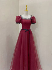 A-Line Square Neck Floor-Length Burgundy Tulle Lace Prom Dress with Puff Sleeves