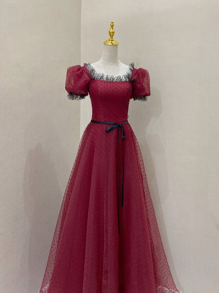 A-Line Square Neck Floor-Length Burgundy Tulle Lace Prom Dress with Puff Sleeves