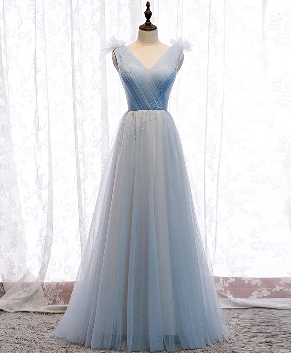 A-Line V-Neck Floor-Length Light Blue Tulle Prom Dress with Beaded Waist Detail