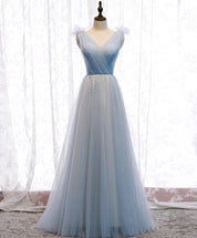 A-Line V-Neck Floor-Length Light Blue Tulle Prom Dress with Beaded Waist Detail