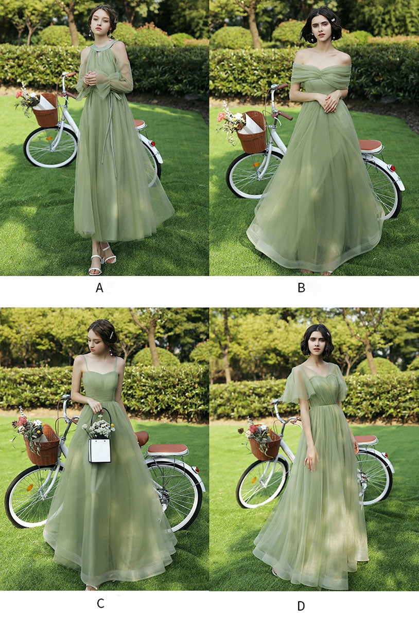 A-Line Sage Green Off-the-Shoulder Floor-Length Tulle Prom Dress with Draped Bodice