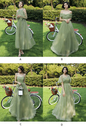 A-Line Sage Green Off-the-Shoulder Floor-Length Tulle Prom Dress with Draped Bodice