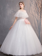Ball Gown Illusion Off-the-Shoulder Floor-Length White Tulle Beaded Prom Dress