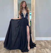 A-Line Deep V Neck Floor-Length Black Chiffon Prom Dress with Beaded Trim and High Slit