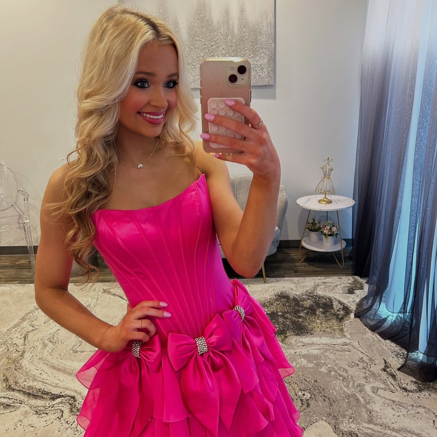 A-Line Square Neck Floor-Length Chiffon Prom Dress in Hot Pink with Tiered Ruffles and Bow Accent