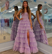 A-Line Square Neck Floor-Length Lavender Tulle Tiered Ruffle Prom Dress with High Slit