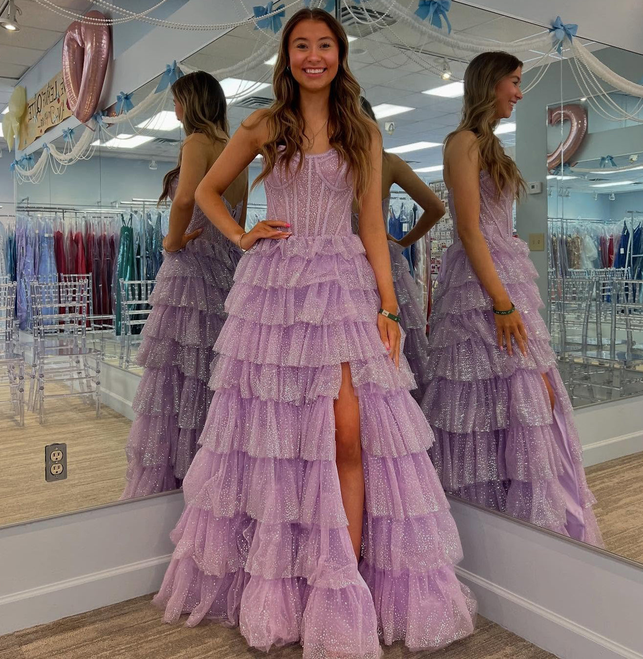 A-Line Square Neck Floor-Length Lavender Tulle Tiered Ruffle Prom Dress with High Slit