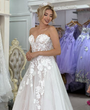 A-Line Sweetheart Neck Floor-Length Tulle Prom Dress with Floral Lace Appliqué and Sheer Long Sleeves