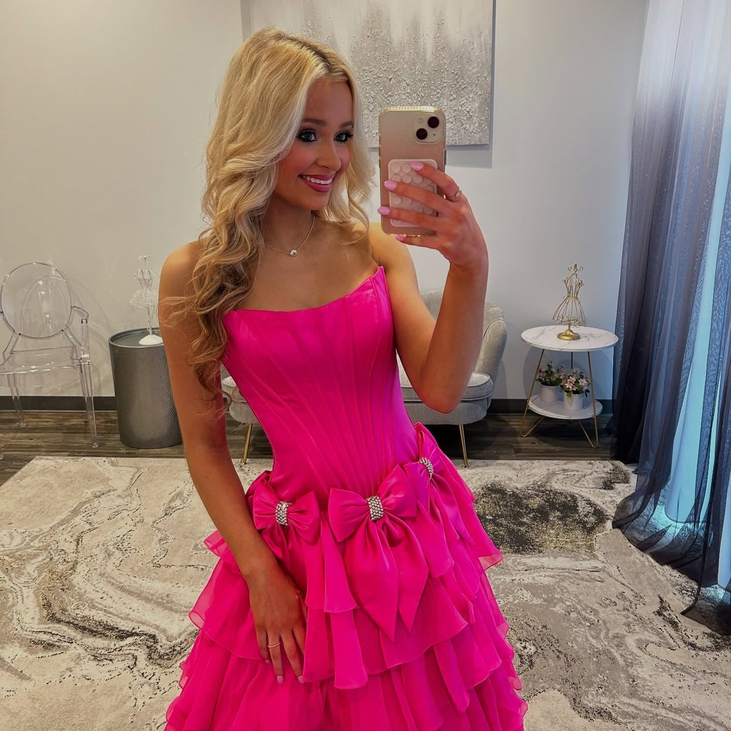 A-Line Square Neck Floor-Length Chiffon Prom Dress in Hot Pink with Tiered Ruffles and Bow Accent