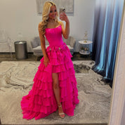 A-Line Square Neck Floor-Length Chiffon Prom Dress in Hot Pink with Tiered Ruffles and Bow Accent