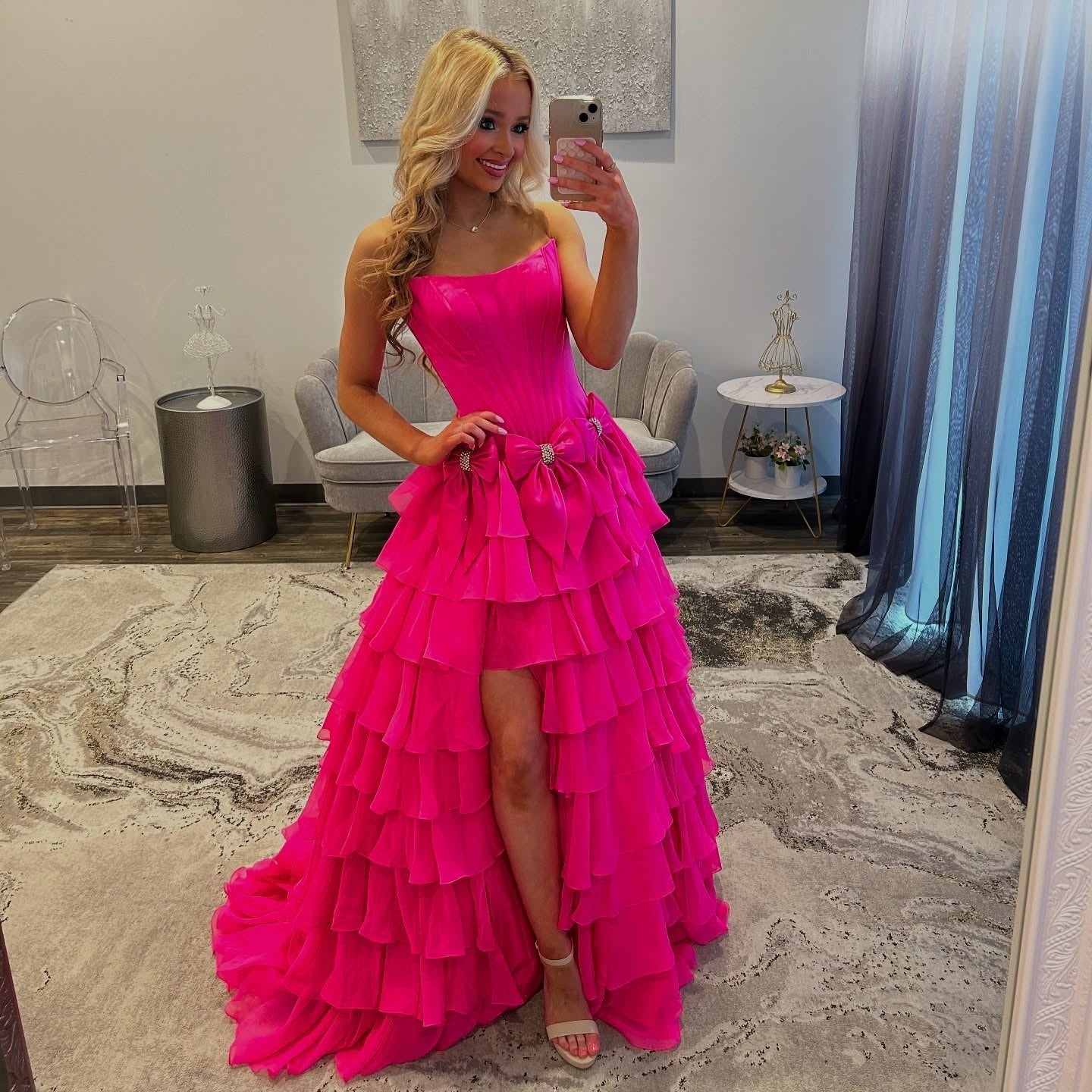 A-Line Square Neck Floor-Length Chiffon Prom Dress in Hot Pink with Tiered Ruffles and Bow Accent