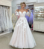 A-Line Sweetheart Neck Floor-Length Tulle Prom Dress with Floral Lace Appliqué and Sheer Long Sleeves