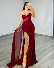 Sheath Sweetheart Neck Floor-Length Chiffon Burgundy Prom Dress with Draped Bodice and High Slit
