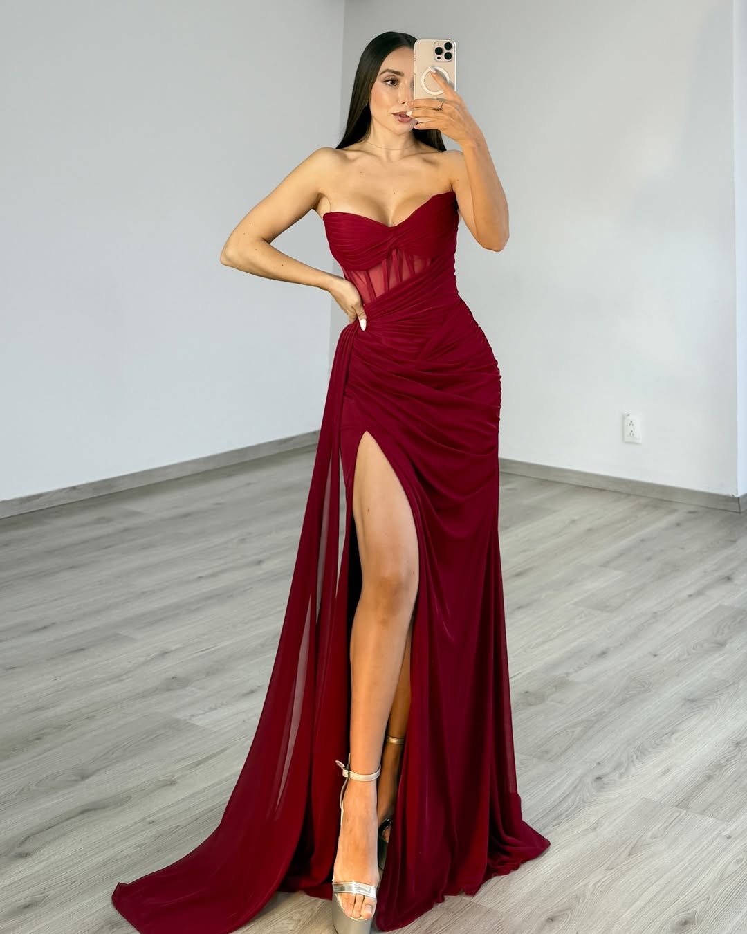 Sheath Sweetheart Neck Floor-Length Chiffon Burgundy Prom Dress with Draped Bodice and High Slit