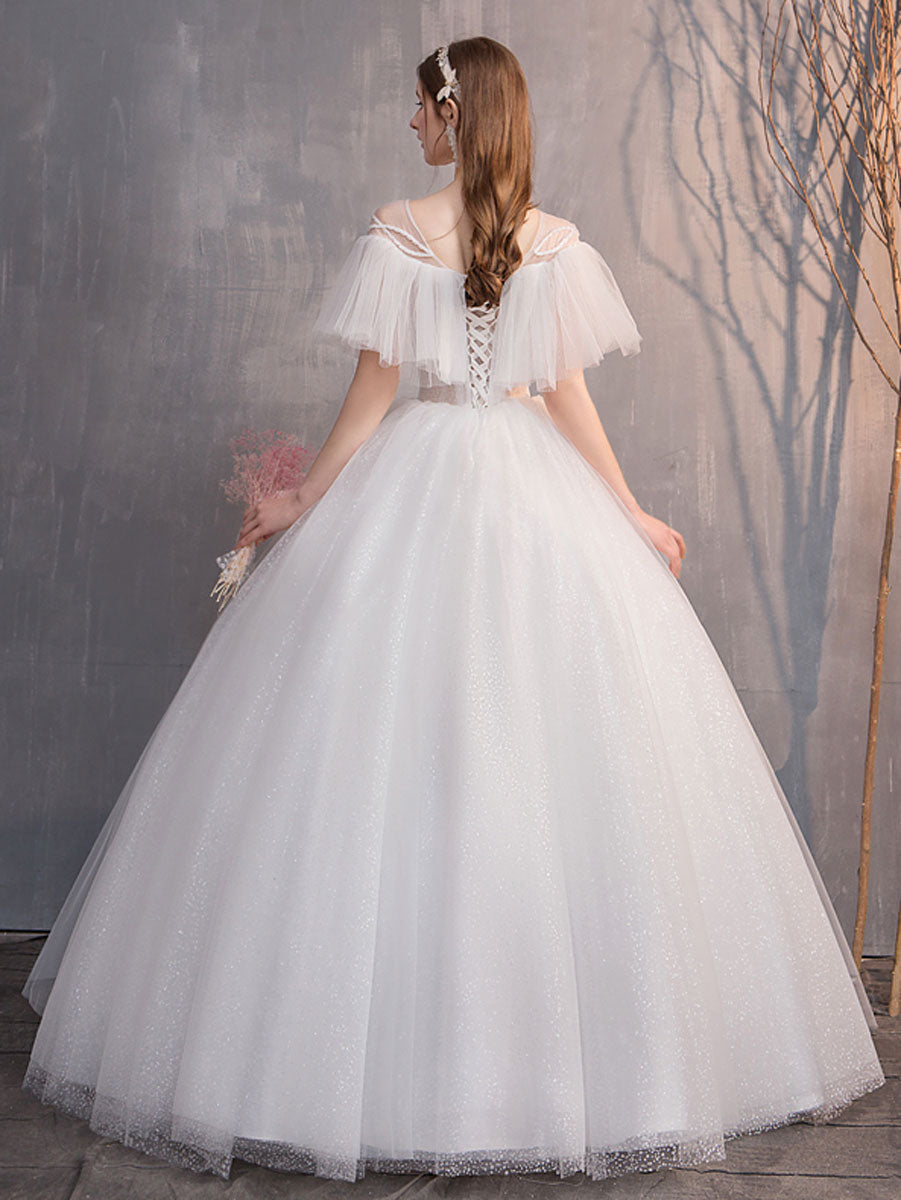 Ball Gown Illusion Off-the-Shoulder Floor-Length White Tulle Beaded Prom Dress