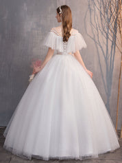 Ball Gown Illusion Off-the-Shoulder Floor-Length White Tulle Beaded Prom Dress
