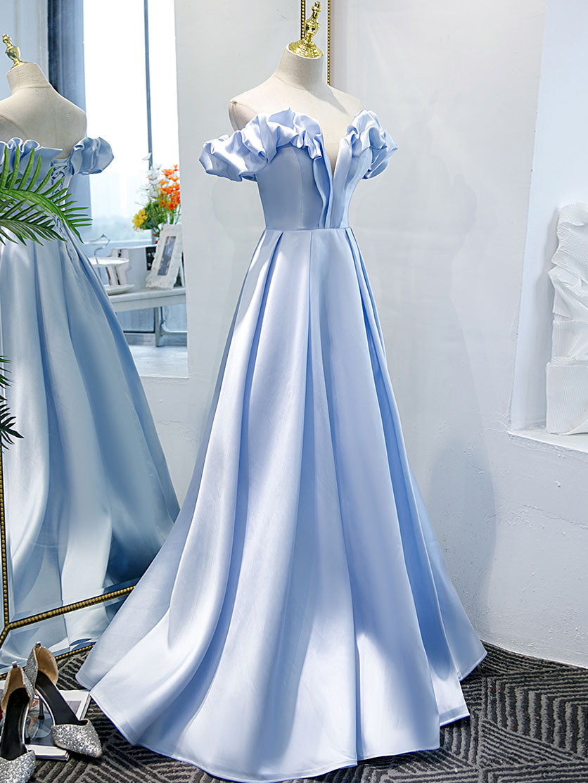 Ball Gown Sweetheart Neckline Floor-Length Light Blue Satin Prom Dress with Ruffled Off-Shoulder Sleeves