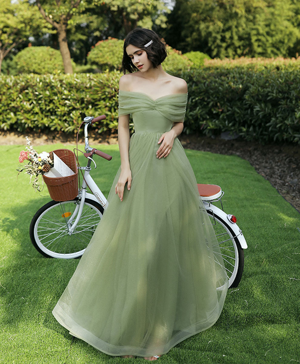 A-Line Sage Green Off-the-Shoulder Floor-Length Tulle Prom Dress with Draped Bodice