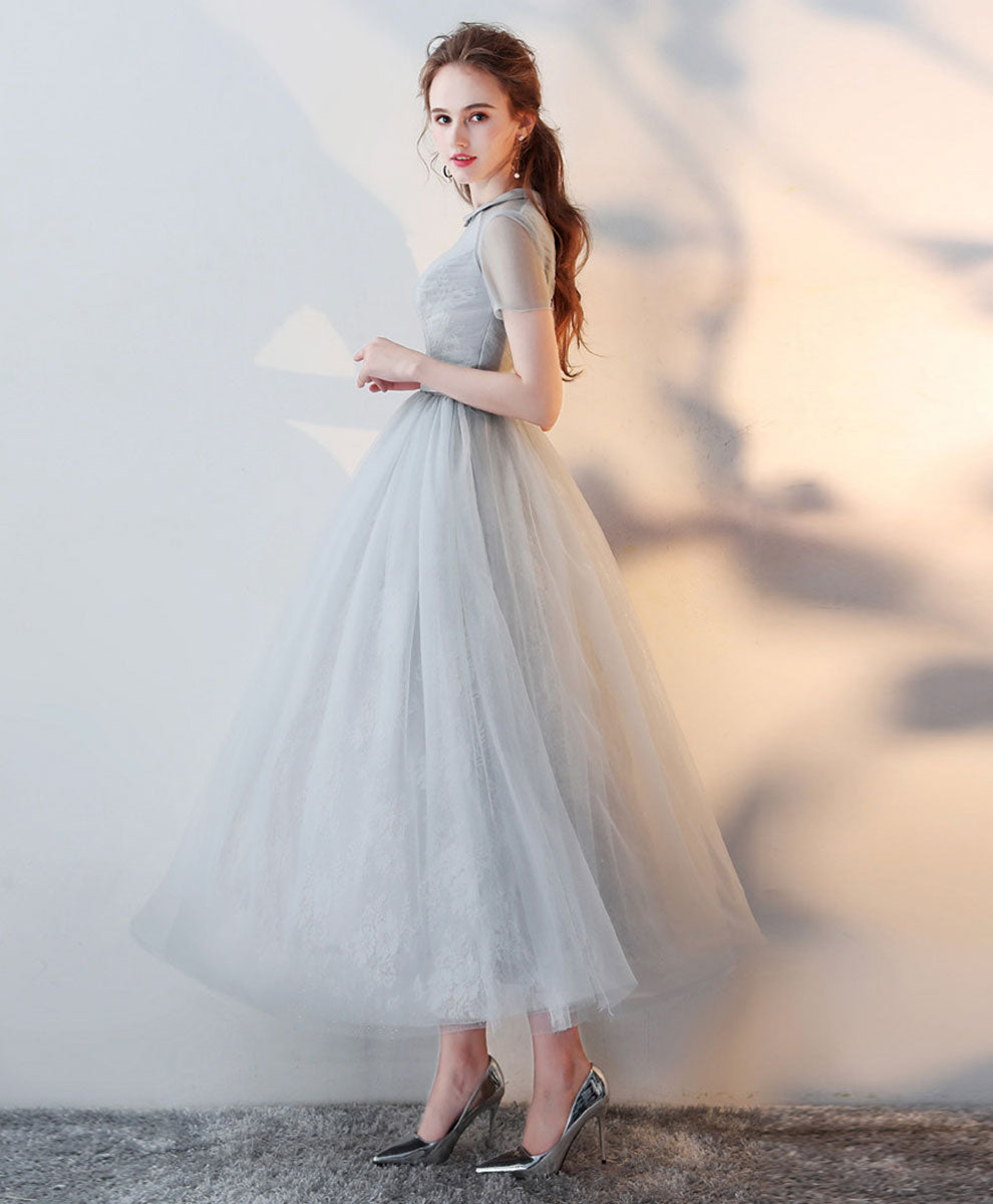 A-Line Peter Pan Collar Floor-Length Tulle Lace Homecoming Dress with Soft Pleated Bodice