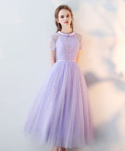 A-Line Illusion Neck Tea-Length Light Grey Tulle Lace Prom Dress with Delicate Floral Texture