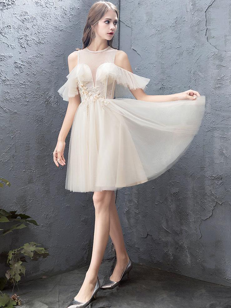 A-Line Illusion Neck Knee-Length Champagne Tulle Homecoming Dress with Cold-Shoulder Sleeves & Floral Lace Appliqué