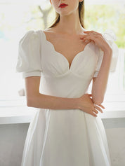 A-Line Sweetheart Tea-Length Ivory Satin Prom Dress with Short Puff Sleeves