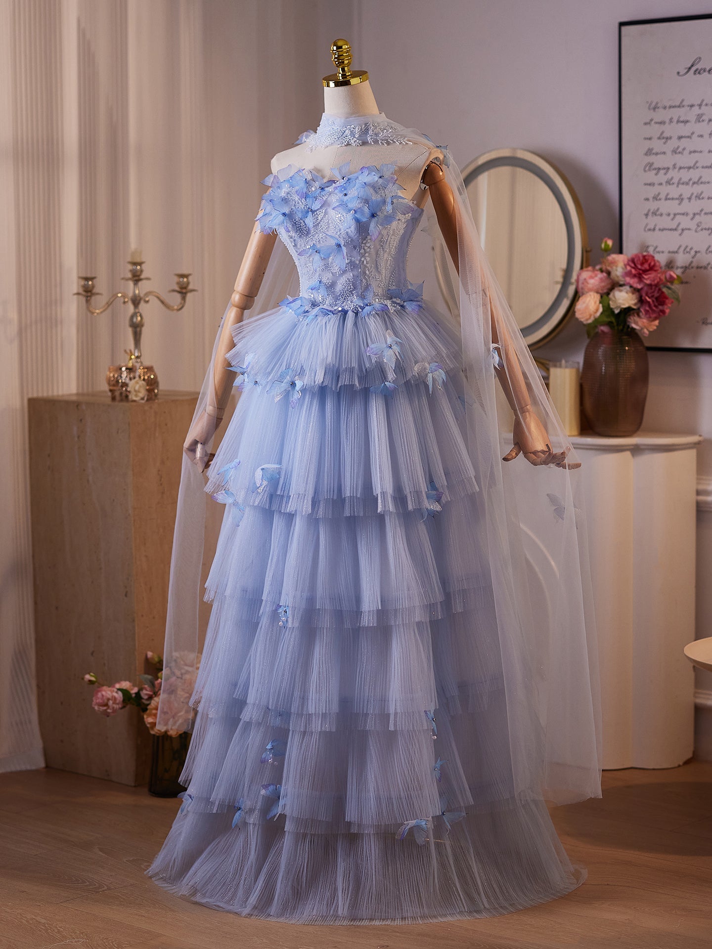 A-Line Tulle Flower Blue Long Prom Dress with Lace-Up Back