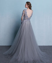 A-Line Illusion V-Neck Floor-Length Tulle & Lace Long Sleeve Prom Dress