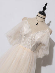 A-Line V-Neck Floor-Length Champagne Tulle & Lace Prom Dress with Sequin Bodice and Flutter Sleeves