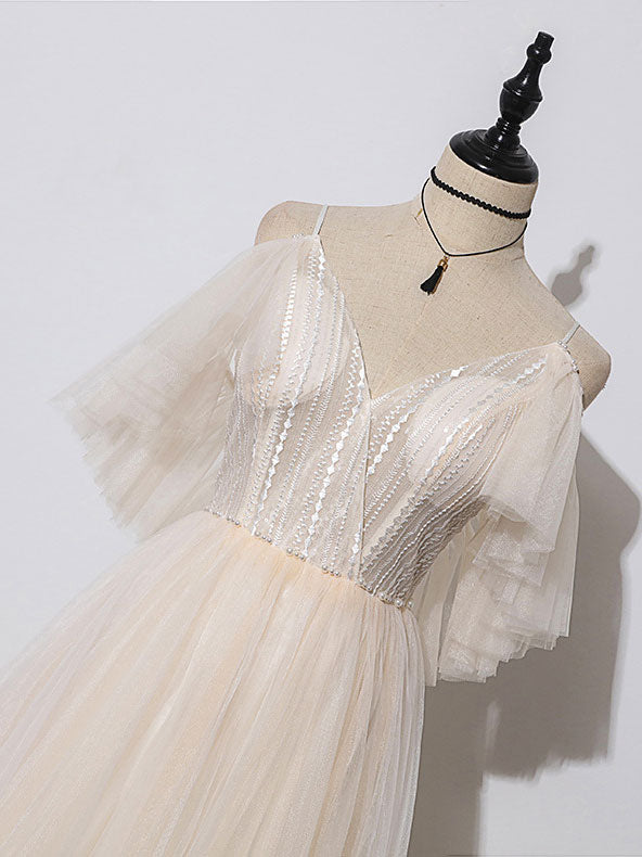 A-Line V-Neck Floor-Length Champagne Tulle & Lace Prom Dress with Sequin Bodice and Flutter Sleeves