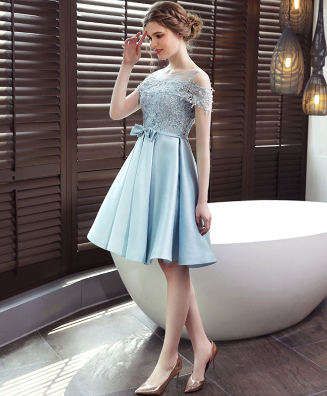 A-line Illusion Off-the-Shoulder Knee-Length Satin & Lace Dress with Bow Homecoming Dress