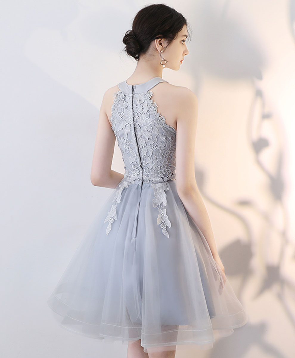 A-Line High Neck Knee-Length Gray Tulle and Lace Homecoming Dress with Floral Lace Bodice