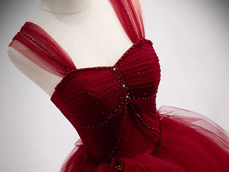 Ball Gown Sweetheart Floor-Length Burgundy Tulle Lace Sequin Prom Dress with Off-the-Shoulder Sleeves