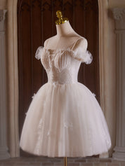 A-Line Ivory Off-the-Shoulder Short/Mini Tulle & Lace Homecoming Dress with Delicate Lace Appliqué
