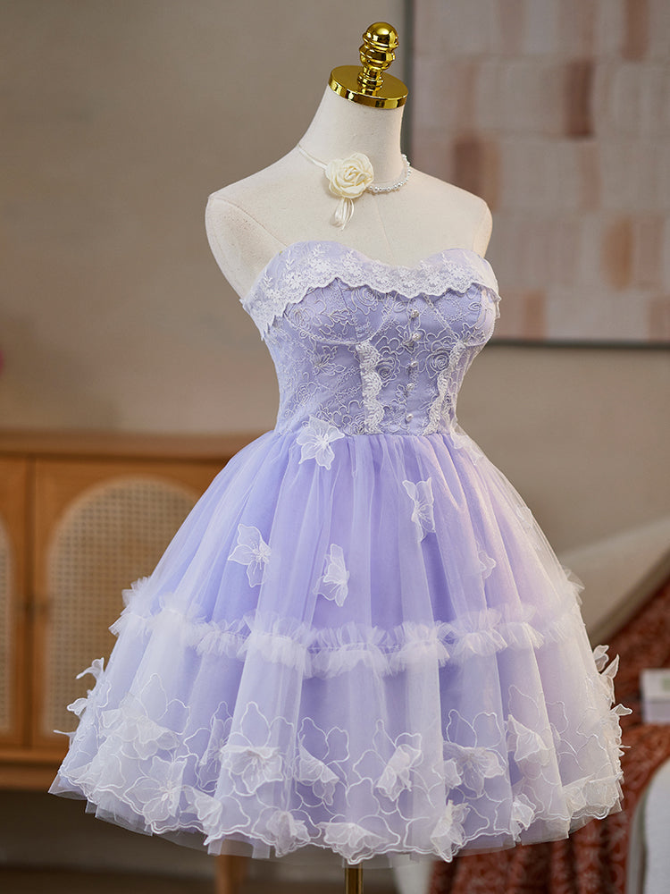 A-Line Lavender Sweetheart Knee-Length Tulle Lace Homecoming Dress with Tiered Ruffle Skirt