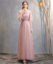 A-Line Blush Pink Off-the-Shoulder Floor-Length Tulle Prom Dress with Pleated Bodice
