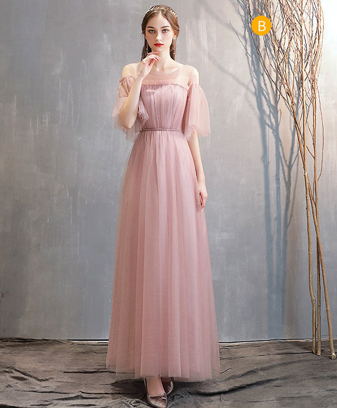A-Line Blush Pink Off-the-Shoulder Floor-Length Tulle Prom Dress with Pleated Bodice