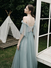 A-Line Dusty Blue One-Shoulder Floor-Length Tulle Prom Dress with Draped Bodice