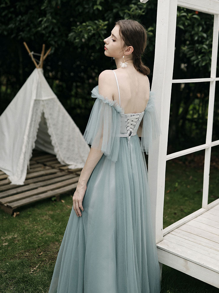 A-Line Dusty Blue One-Shoulder Floor-Length Tulle Prom Dress with Draped Bodice