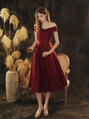 A-Line Off-the-Shoulder Knee-Length Burgundy Satin Prom Dress with Draped Bodice