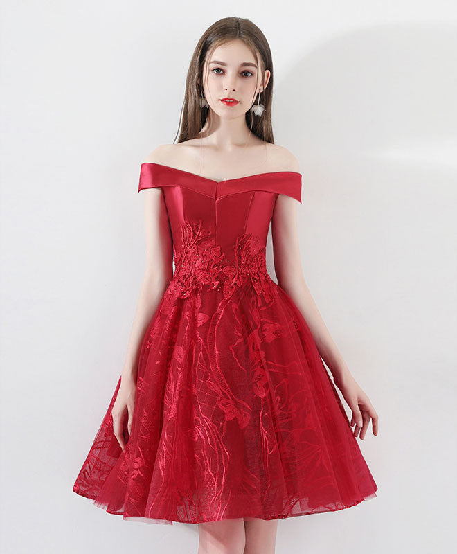 A-Line Off-the-Shoulder Knee-Length Red Tulle Lace Homecoming Dress